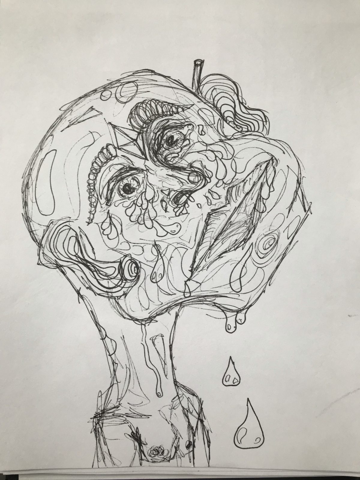 Pen drawing of a head shaped like an apple, dripping