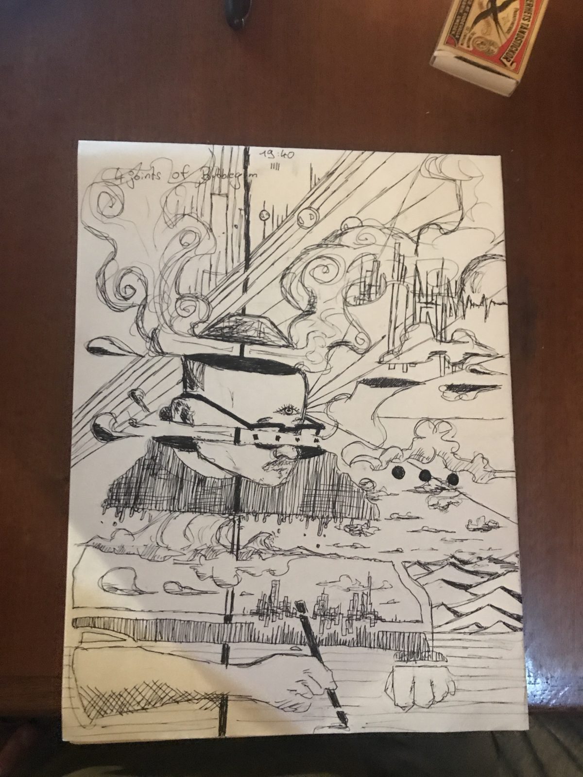 Dense ink drawing of the same man dissolving into smoke, clouds and cities, noted: 4 joints of bubblegum, 19:40
