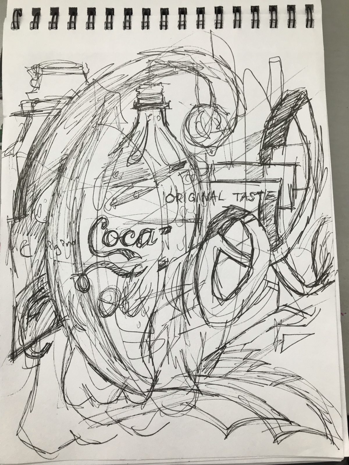 Scribbled pen drawing of bottles with Coca Cola and Original Taste
