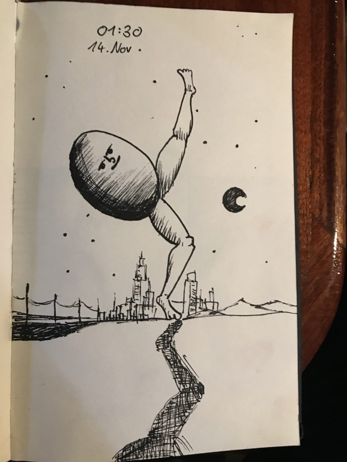 Ink drawing of an egg with a face and long legs stepping over a city