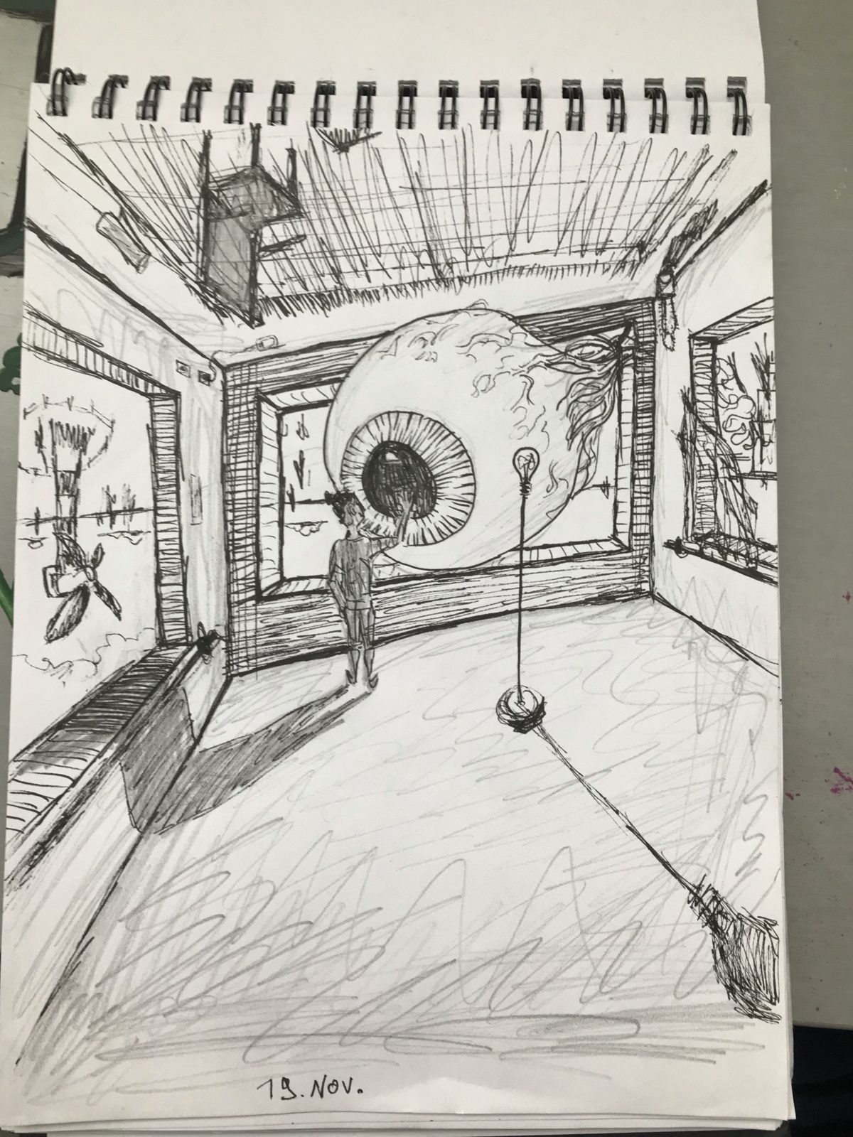 Pen and pencil: a person touching a giant eye in a room, a light bulb on a stand