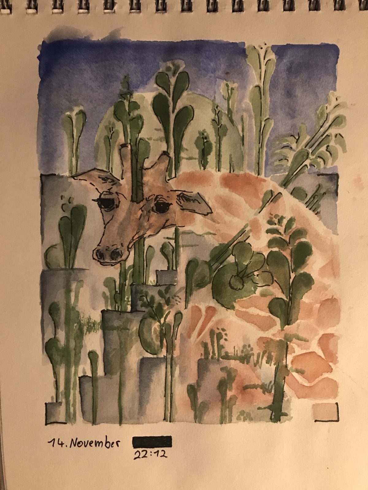 Watercolour of a giraffe hidden between green plants and grey blocks