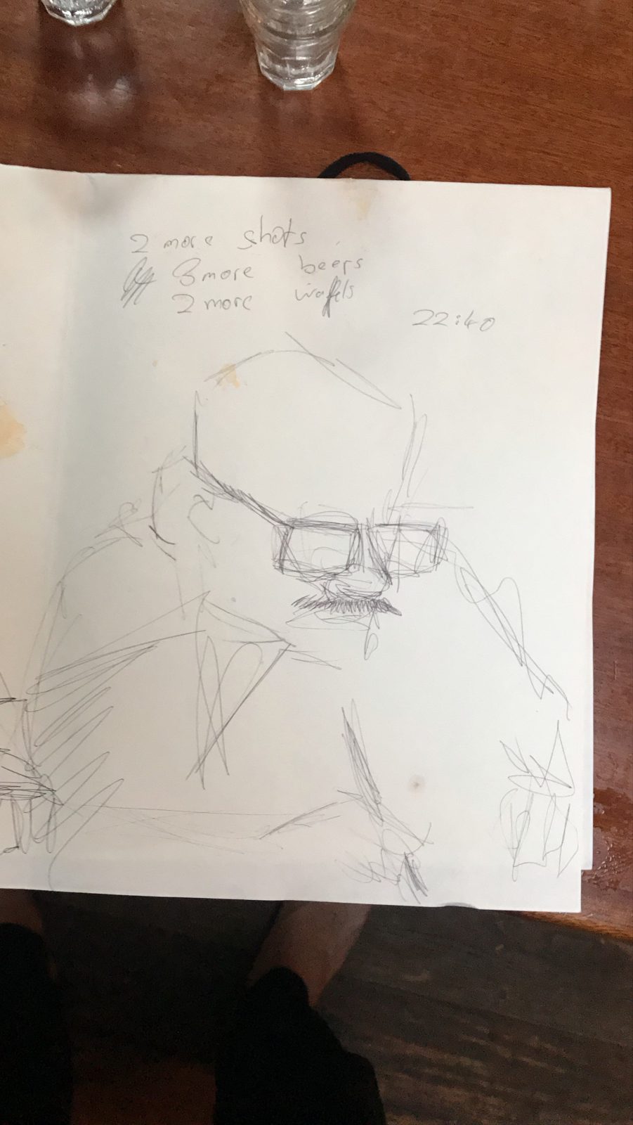Scribbled pencil drawing, noted: 2 more shots, 3 more beers, 2 more waffles, 22:40