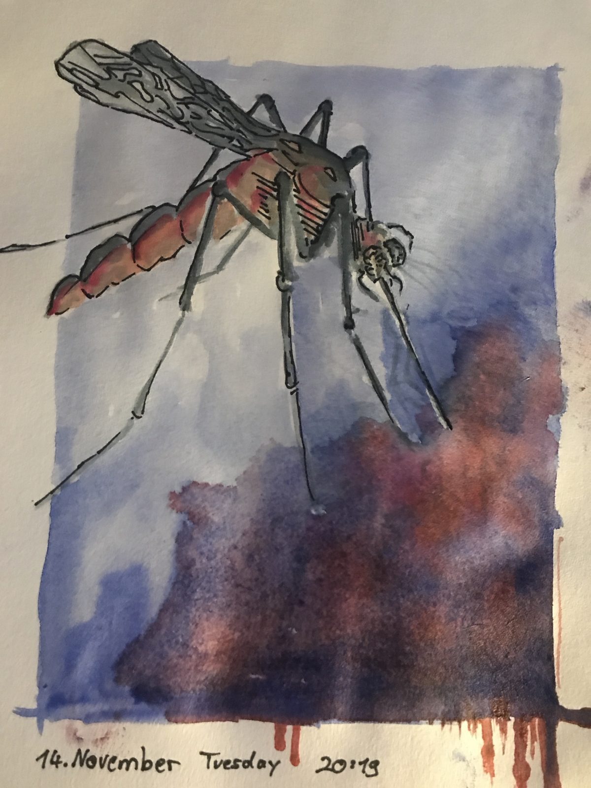 Watercolour of a mosquito above a dark red cloud dripping off the page