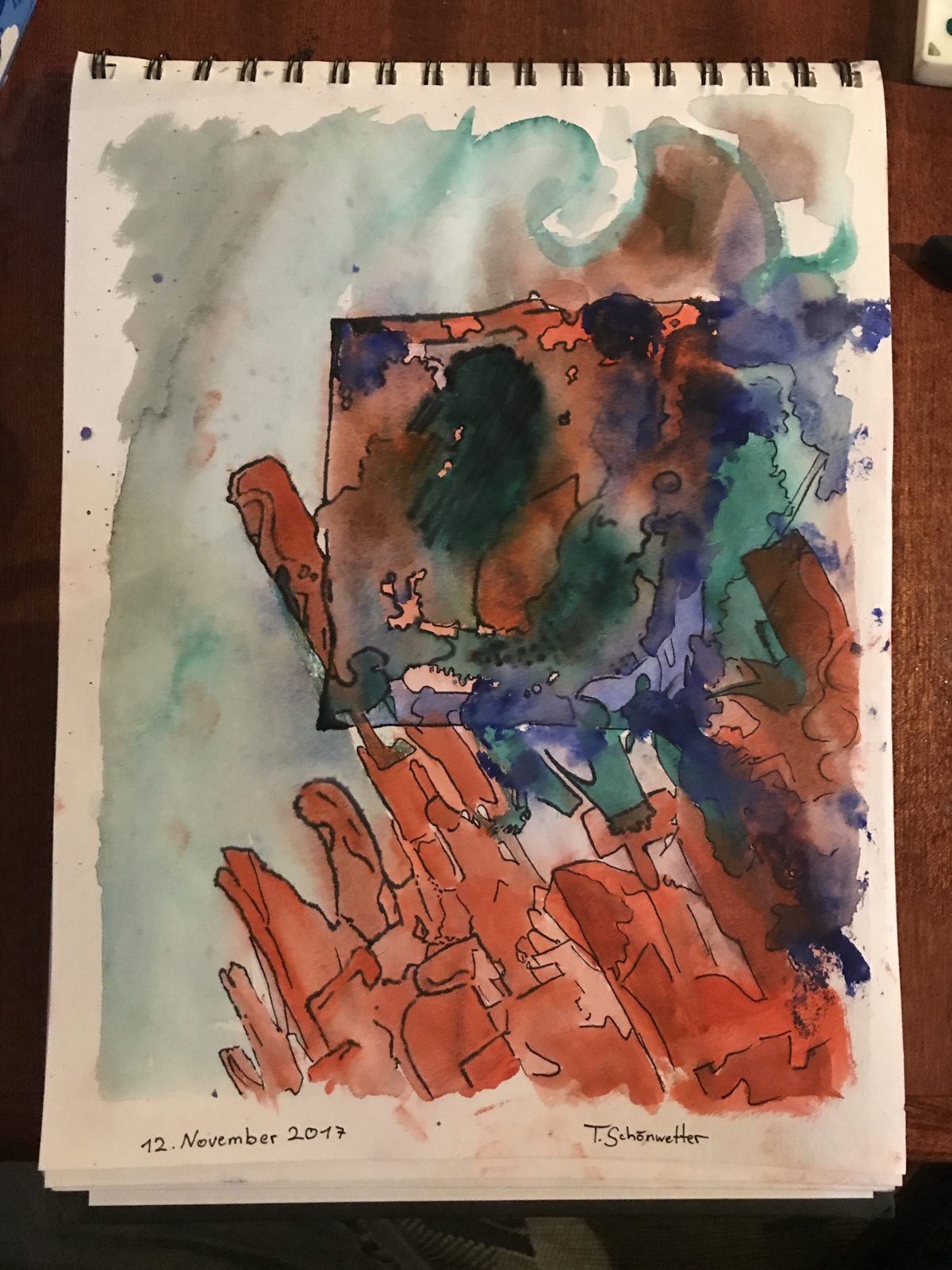 Watercolour and ink: red shapes reaching up to a dark blue and green square
