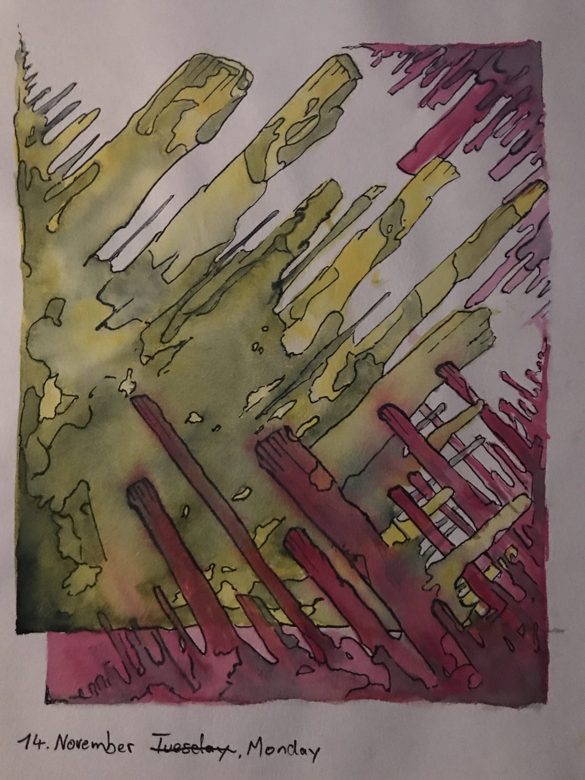 Watercolour and ink: green and purple bars falling diagonally