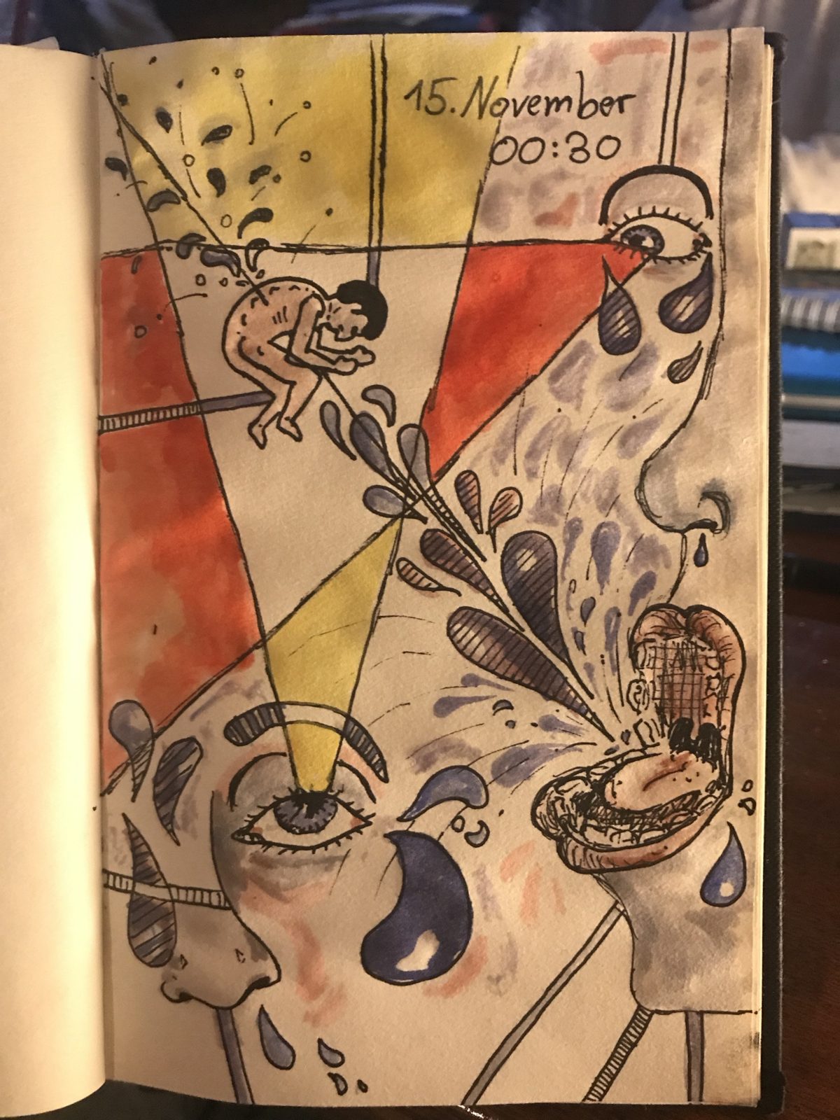 Watercolour and ink: two crying faces, a figure crouching on a pole, beams of colour