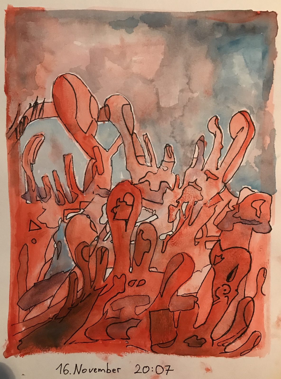 Watercolour and ink: red melting shapes under a blue grey sky