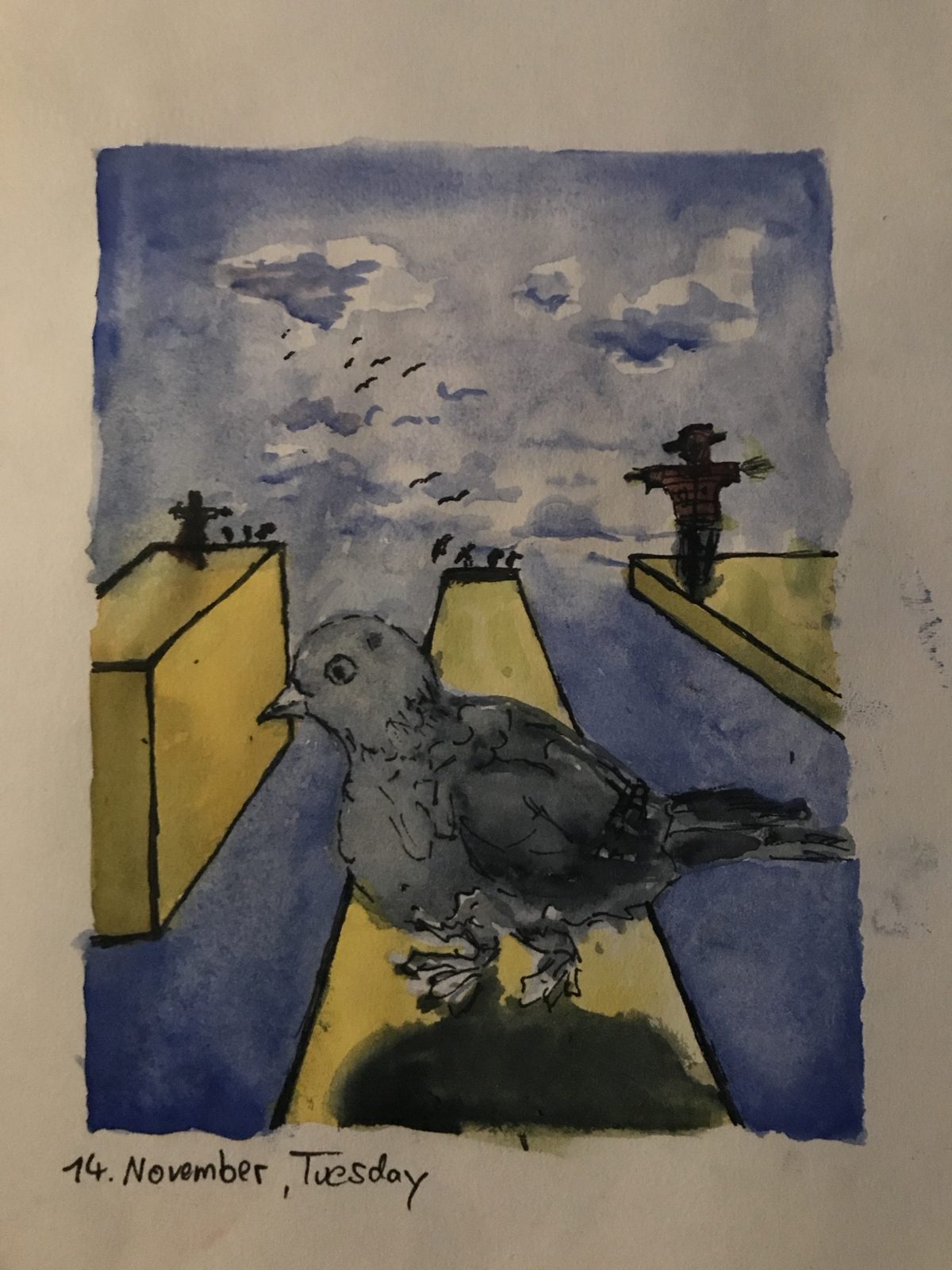 Watercolour of a big pigeon on yellow walls, scarecrows on top, birds in the sky