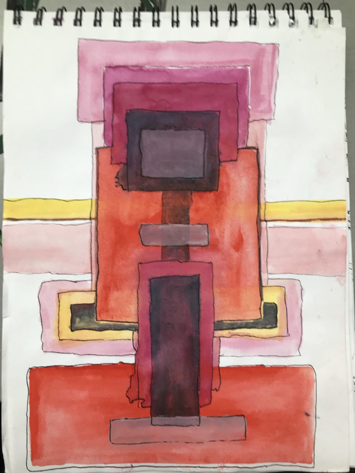 Watercolour of stacked pink, red and purple rectangles like a figure