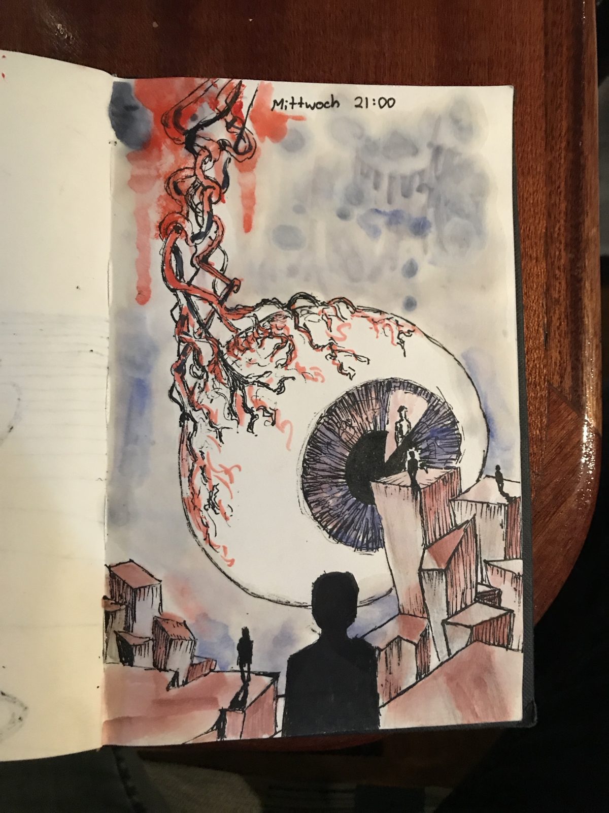 Watercolour and ink: a giant eye hanging over rooftops, a silhouette watching, Mittwoch 21:00