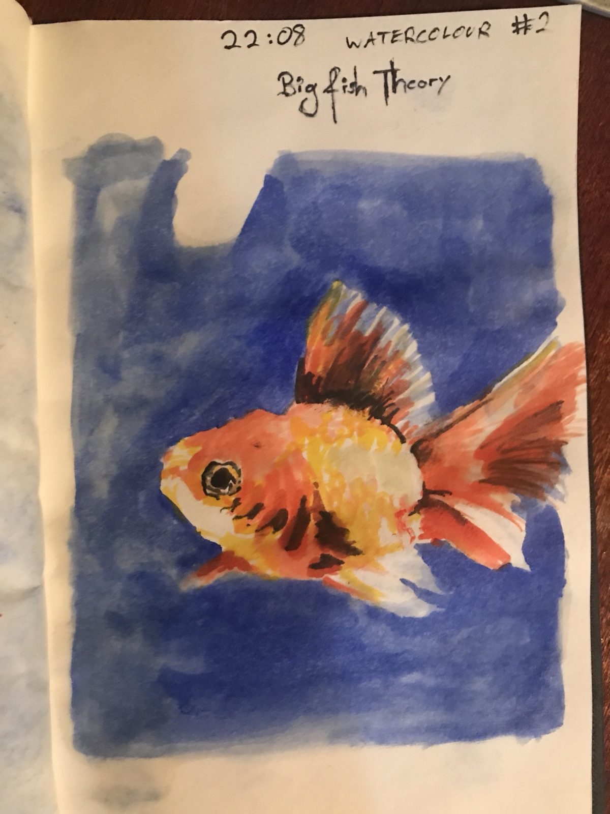 Watercolour of a goldfish on blue, titled Big fish theory