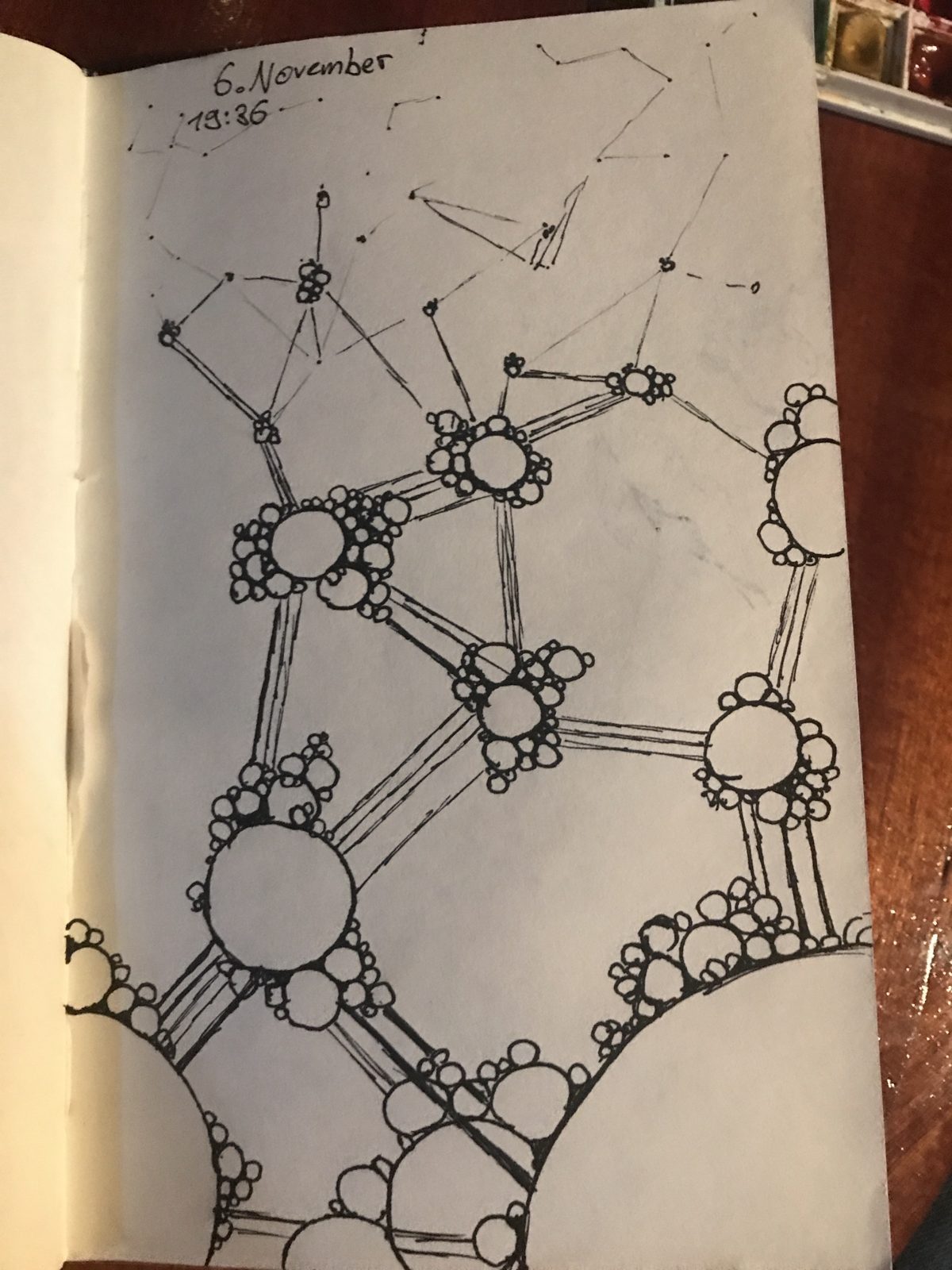 Ink drawing of bubbly spheres connected by rods like a molecule, dated 6 November 19:36