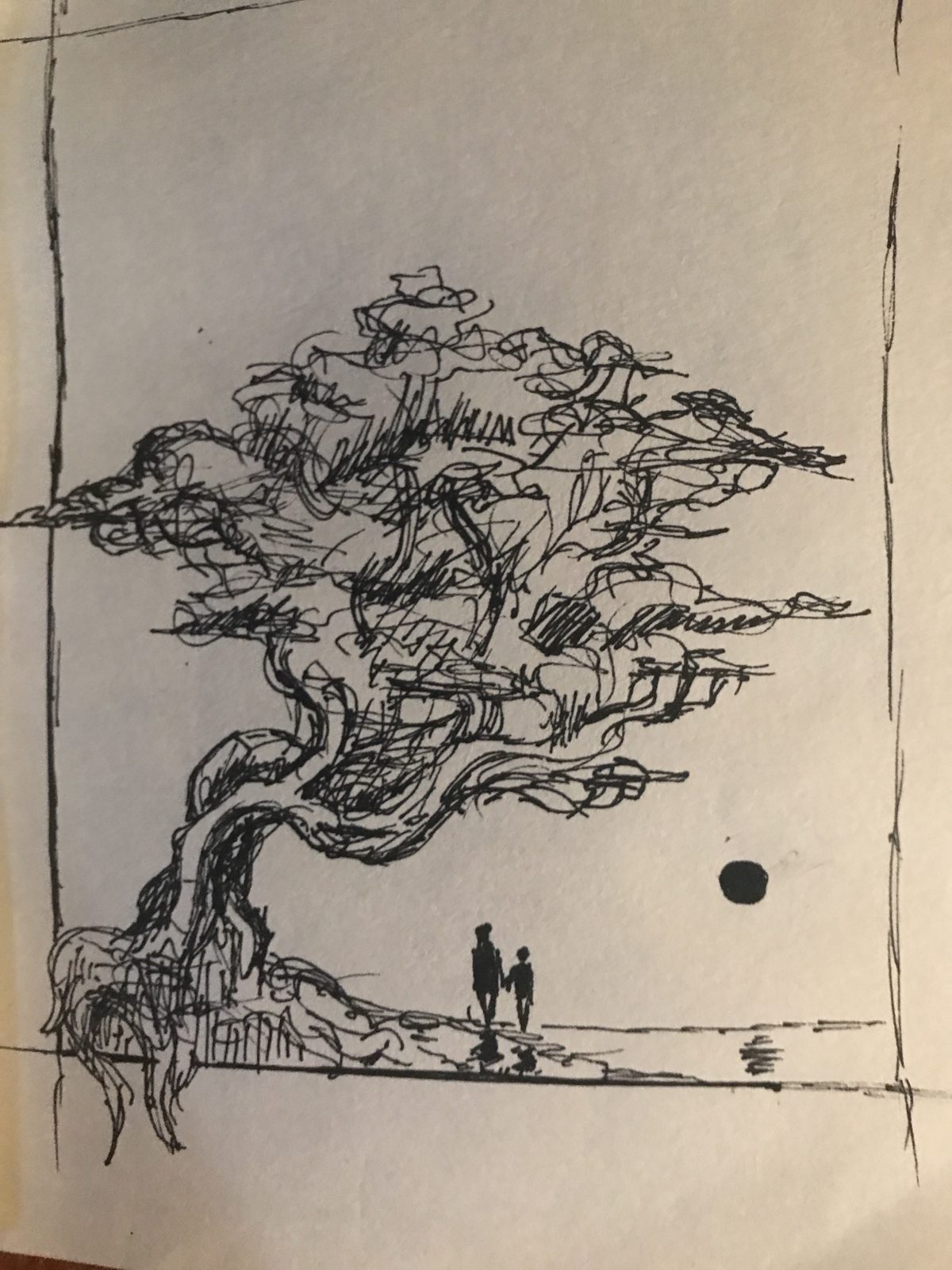 Ink drawing of a big tree, two figures walking at the shore under a black sun