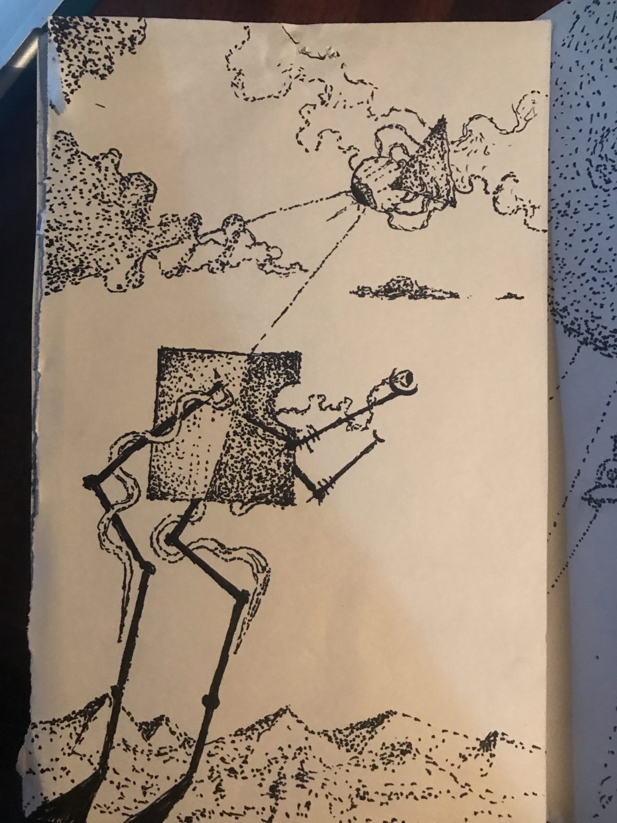 Stippled ink drawing of a box on long legs reaching for a cloud