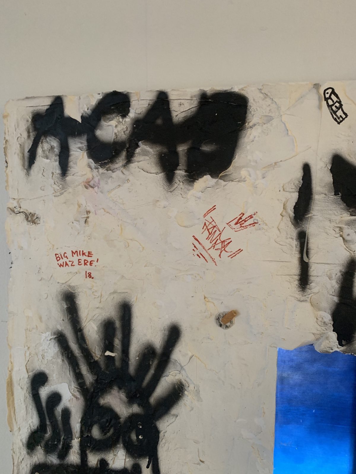Detail: ACAB sprayed in black, BIG MIKE WAZ ERE 18 written in red