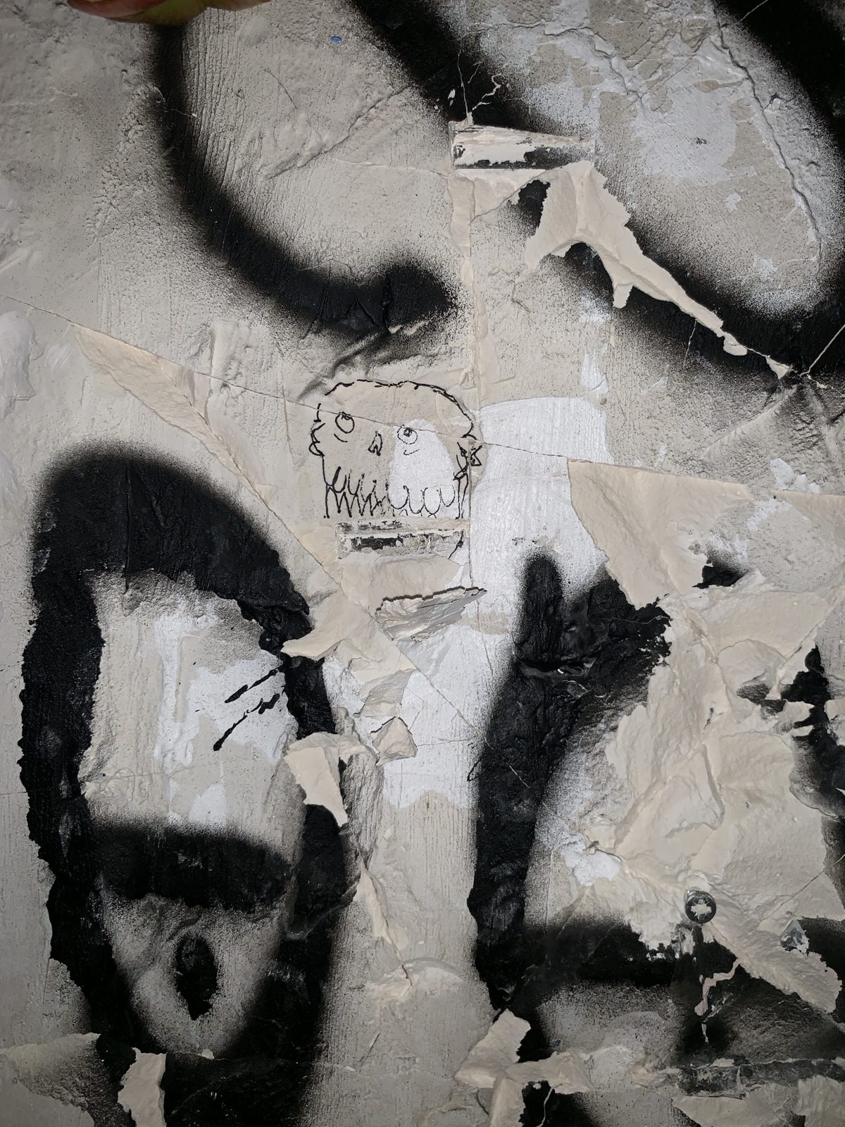 Detail: a small skull drawn in pen between peeling plaster and spray paint