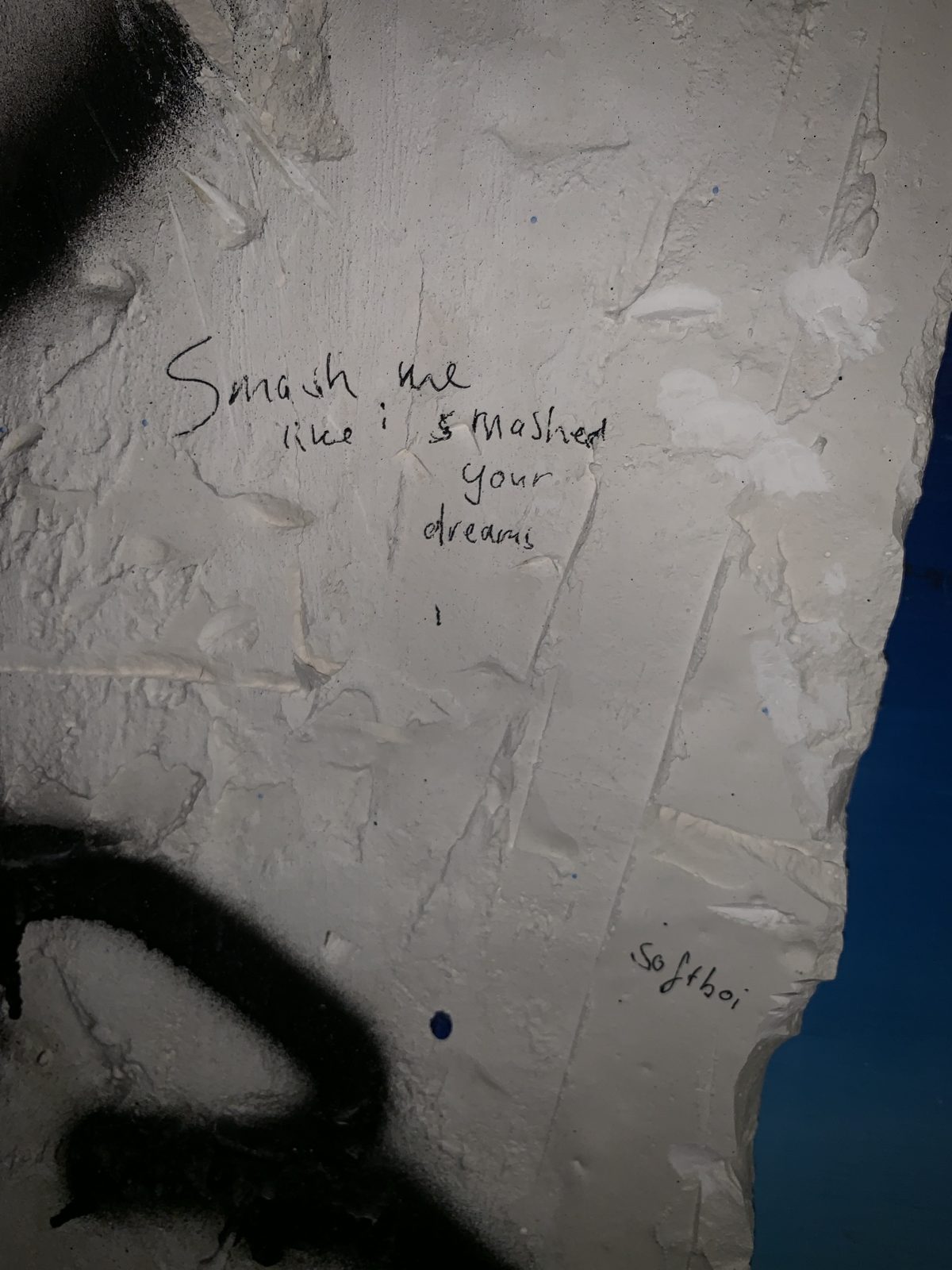 Detail: handwritten: smash me like i smashed your dreams, signed softboi