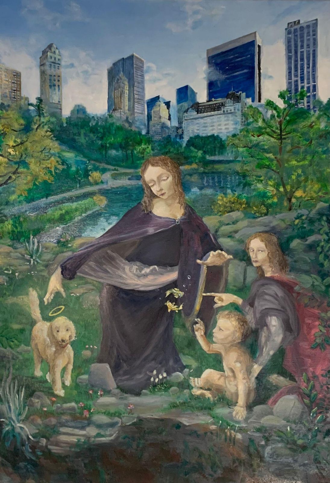 Surreal painting of figures in a forest in front of a city skyline