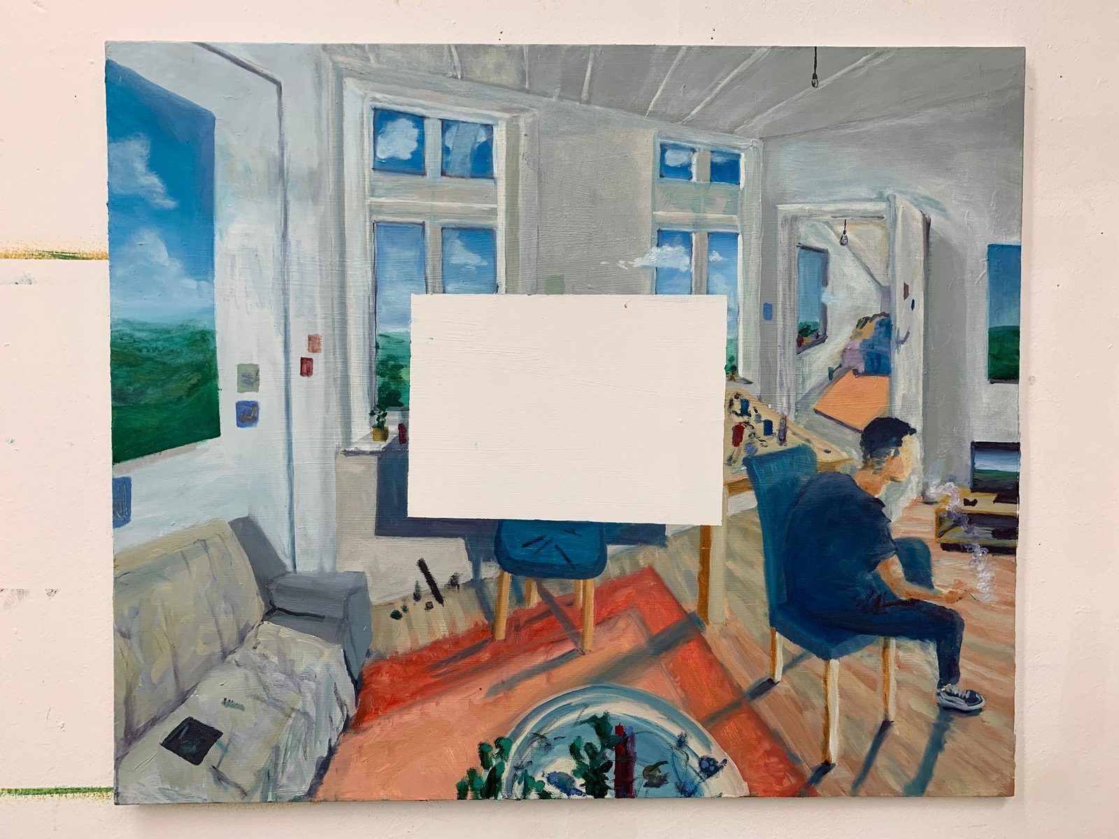 Painting of a room with an empty canvas