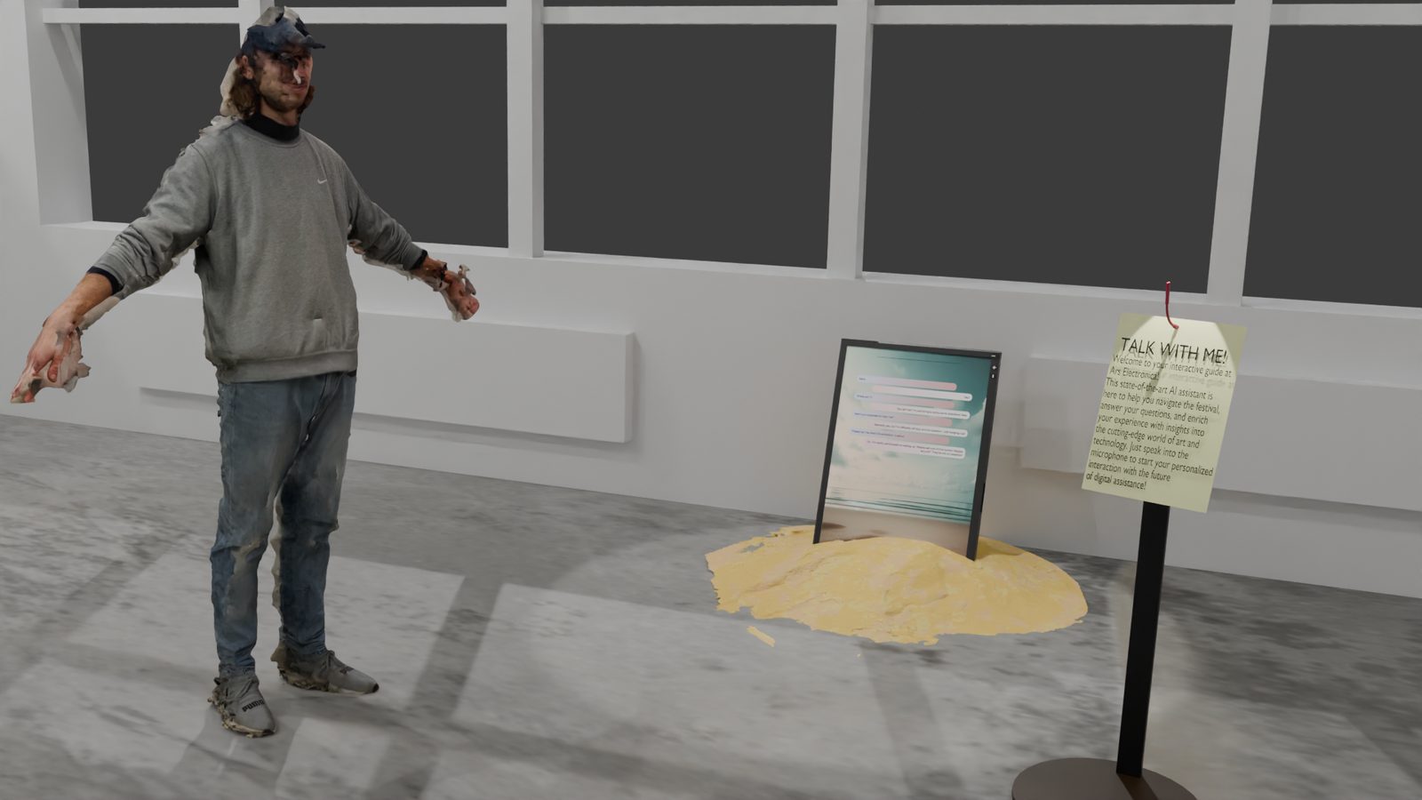 The AI is on vacation: an avatar standing in a room with a patch of sand and a sign